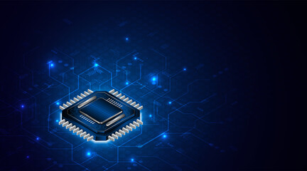 Microchip processor circuit board technology on dark blue background. Information Processing Concept. Circuit board hi-tech technology background. vector illustration