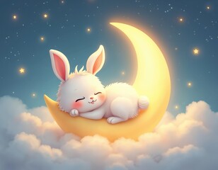 Cute fluffy bunny sleeps on glowing crescent moon amidst soft clouds and twinkling stars. Peaceful night sky scene promotes calm, dreaminess and innocence. Sweet animal rests in celestial comfort.