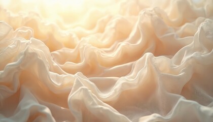 Soft ivory organza fabric with gentle ruffles curves forms abstract waves. Light creates delicate shadows and highlights on sheer textile layers. Elegant smooth background texture for fashion design.