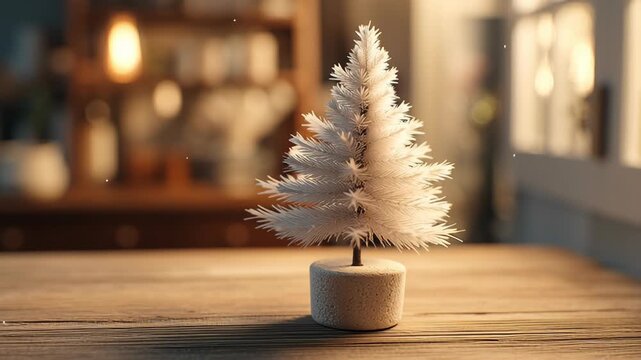 A small white Christmas tree is sitting on a wooden table. Tiny desktop christmas tree, tiny desktop tree with gentle snowy texture, placed on a wooden surface, warm cozy interior glow