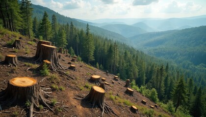 Deforested hillside with tree stumps and remaining forest. Logging operation caused ecological damage on green mountain landscape. Nature destruction, environmental issue, climate change concept.