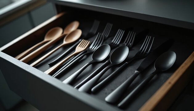 Kitchen drawer holds organized set of wooden and matte black cutlery. Forks, spoons, and knives are neatly arranged in a modern holder, ready for dinner service. - Powered by Adobe