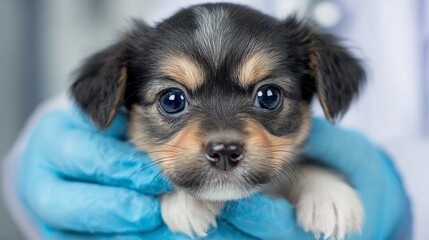 Veterinarian Holding Small Puppy with Blue Gloves in Clinic Setting