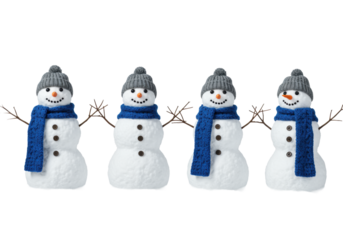 four identical smiling snowmen with knit grey beanies and a shared royal blue scarf, standing formally on white powder snow in a minimalist high-key studio with copy space. festive advertising concept