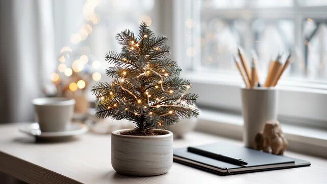 A small Christmas tree is lit up with lights. Tiny desktop christmas tree, tiny evergreen tree with warm string lights on a tidy work desk, elegant neutral tones, peaceful holiday vibe