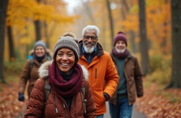 Diverse seniors walk on forest path amid autumn trees. Friends smile, share joy, hike with backpacks, enjoying fall nature. Active older adults relish time together outdoors.