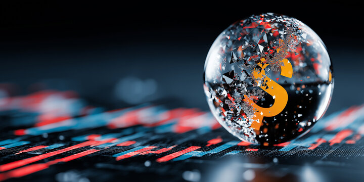 Crystal sphere with dollar symbol inside is shattering, set against digital background with red and blue lines, symbolizing financial disruption - Powered by Adobe
