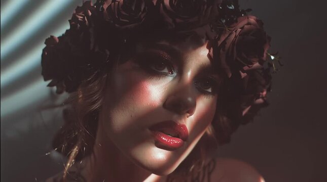 Woman with dramatic makeup and dark roses in her hair, lit by soft rim light. Abstract shadowed background creates a moody, artistic, and cinematic portrait.