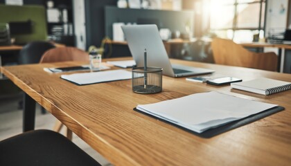 Sunlit modern workspace meeting table, documents, laptop, and stationery create a welcoming productive environment for business teamwork and creative collaboration.