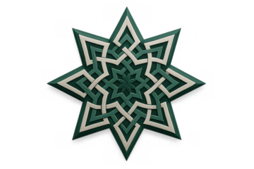 Green islamic geometric star pattern creating a mosaic ornament with transparent background for religious design