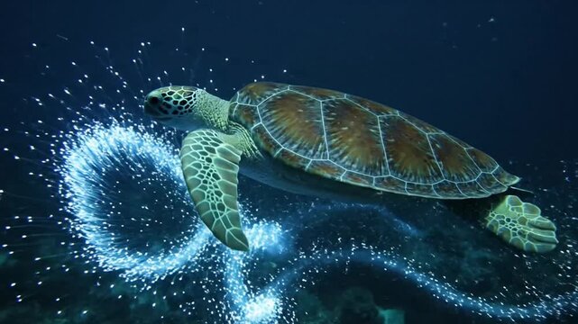 A sea turtle swims through the depths, emitting glowing trails and streams of sparkling energy