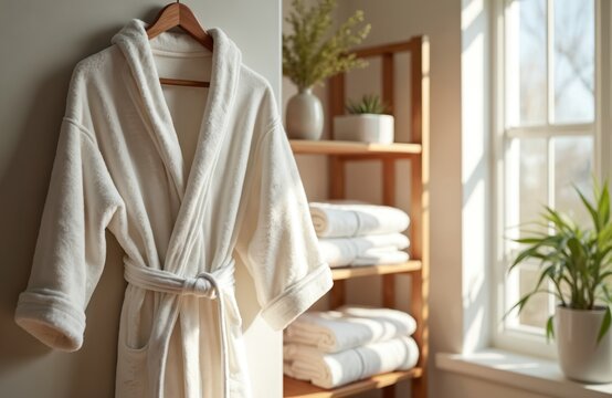 White terry bathrobe hangs on hanger in bright bathroom. Clean soft robe near stacked towels, window, green plant. Comfort, spa, hotel luxury.