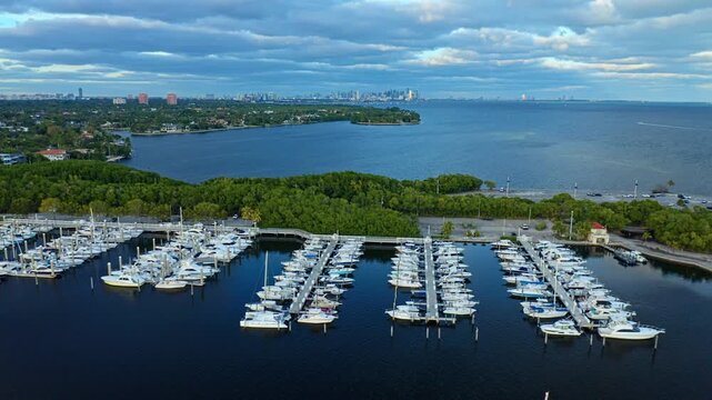 Rows of sailboats fill the marina beside dense mangroves as Biscayne Bay stretches toward the distant Miami skyline, forming a wide coastal scene at Matheson Hammock Park.
