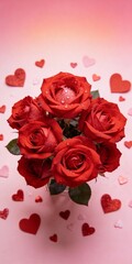 Romantic Red Roses Bouquet with Hearts on Pink Background
