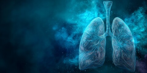 Abstract futuristic digital lungs in blue shining network on dark background. Concept for medical technology, respiratory system research and healthcare innovation