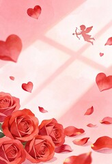 Romantic Watercolor Roses and Cupid Background