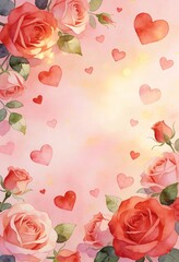 Romantic Watercolor Roses and Hearts Background