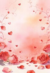 Romantic Watercolor Rose and Heart Frame Background
