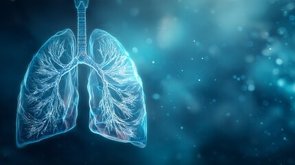 Digital rendering of transparent human lungs on a blue, luminous background, concept for respiratory illness, pulmonary disease and medical research