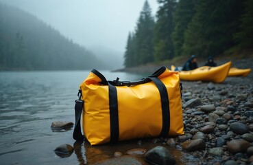 Yellow waterproof duffel bag sits on rocky river shore. Two kayaks wait on water. Misty forest trees line the calm lake background. Outdoor adventure gear rests ready for use.