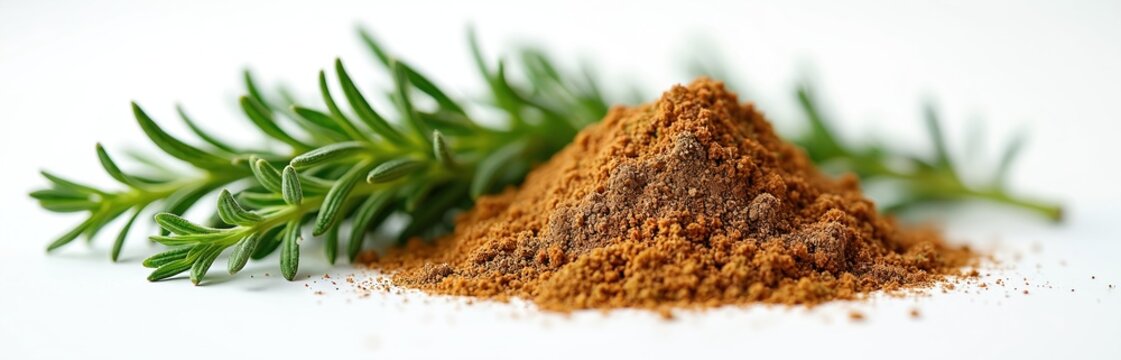 Fresh herb sprig next to pile of ground spice. Natural ingredient for cooking and seasoning. Aromatic plant used in culinary arts for flavour and aroma.