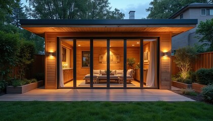 Modern wooden backyard studio with folding glass doors and cozy seating area. Outdoor lighting illuminates deck and garden at dusk. Perfect for home office or relaxation.