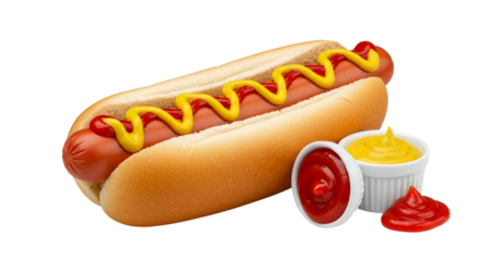 A classic hot dog with ketchup and mustard toppings served with dipping sauces isolated on a transparent background