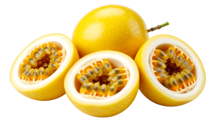 Bright yellow passion fruit whole and halved showing juicy pulp and seeds isolated on a transparent background