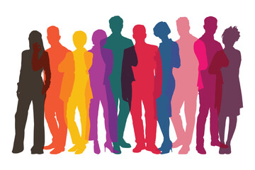 Business Team Silhouette Vector: Diverse Group of Professionals in Overlapping Vibrant Colors.