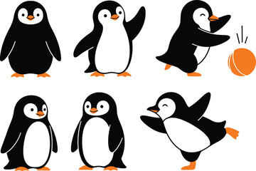 Collection of cute cartoon penguins in various poses including standing waving playing and balancing on a clean white background