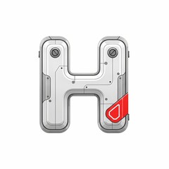 Futuristic Letter H with Metallic Texture and Red Accent on White Background