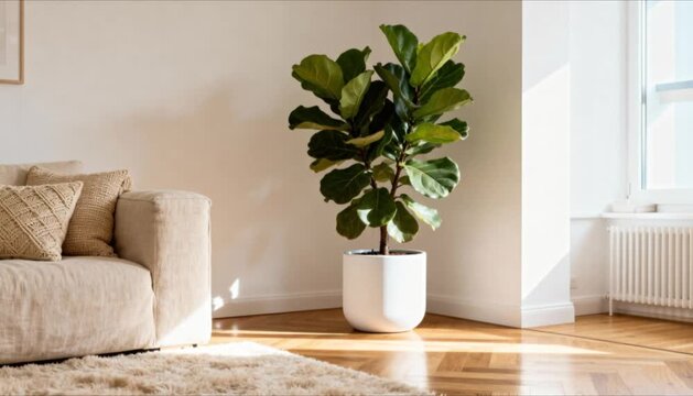 large fiddle leaf fig scandinavian living room white pot soft sunlight premium editorial perfect for houseplant appreciation day