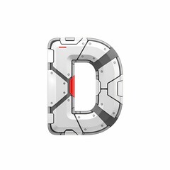 Futuristic Letter D: White and Gray Metallic Design with Red Accent on White Background