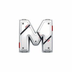 Futuristic Letter M: Metallic Texture, Red Accents, and Screw Details on White
