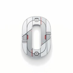 Futuristic Number Zero: Metallic Texture with Red Accents on White Background