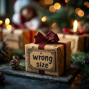 A Christmas-themed gift box wrapped in brown paper with a red ribbon and a humorous "Wrong Size" tag, placed on a festive table with pinecones, candles, and blurred lights in the background.