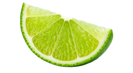 Close up of a vibrant green lime wedge showing juicy pulp and textured rind isolated on a transparent background