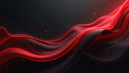 Abstract red waves flow across dark background. Light particles sparkle and glow creating dynamic energy. Smooth fluid texture with vibrant luminous lines.
