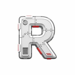 Futuristic Letter R: White and Gray Metallic Design with Red Accents on White Background