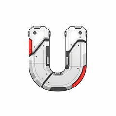 Futuristic Letter U: Metallic, Sci-Fi Design with Red Accents on White Background