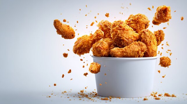 Crispy fried chicken drumsticks in white bucket, with flying crumbs isolated on white background. Concept for fast food menu, restaurant promotion and culinary advertising
