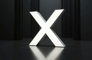 Obraz premium Large white letter X glows brightly on a dark reflective surface. Minimalist design suggests digital interaction, connection or a negative choice. Modern abstract concept for tech or design.
