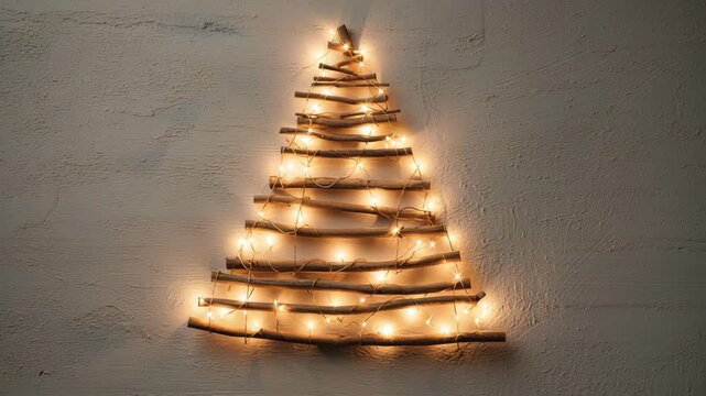 Christmas tree for small space, wall art christmas tree made with lights and wooden branches, creative small-space holiday concept, warm glow