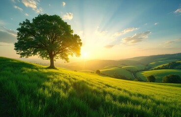Obraz premium Green tree stands on lush grassy hill under warm sunset sky. Rolling hills and distant trees create a peaceful countryside scene. Sunlight beams through clouds casting soft shadows.