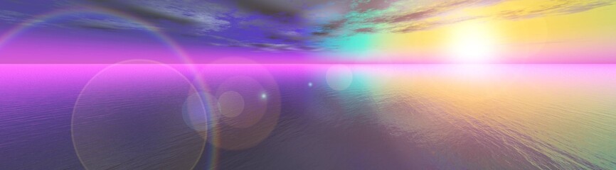 Panorama of sea sunset, ocean sunrise, seascape, 3d rendering
