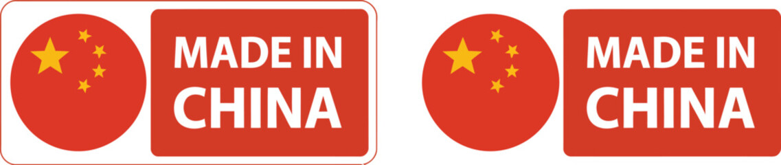 Obraz premium Circular and rectangular labels indicating product origin, featuring a red emblem with yellow stars and bold 