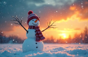 Obraz premium Joyful snowman wearing knitted hat and scarf stands in snowy field at sunset. Winter landscape with trees and falling snowflakes creates magical atmosphere. Outdoor scene evokes holiday cheer.