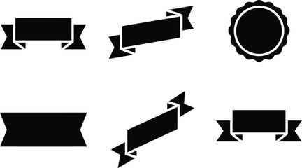 Set of six black ribbon banners, seals, and scroll elements isolated on a white background, perfect for graphic design