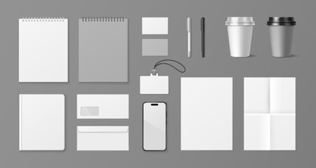 Corporate branding stationery mockup set. Vector realistic illustration of blank smartphone, spring notepad, envelope, a4 paper sheet, business card, pen, cup for company logo, brand design templates