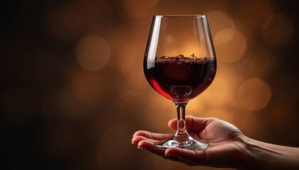 Hand gently holds a clear glass filled with deep red port wine. Swirling liquid catches light against a blurred, warm bokeh background. A moment of sophisticated indulgence and rich aroma.